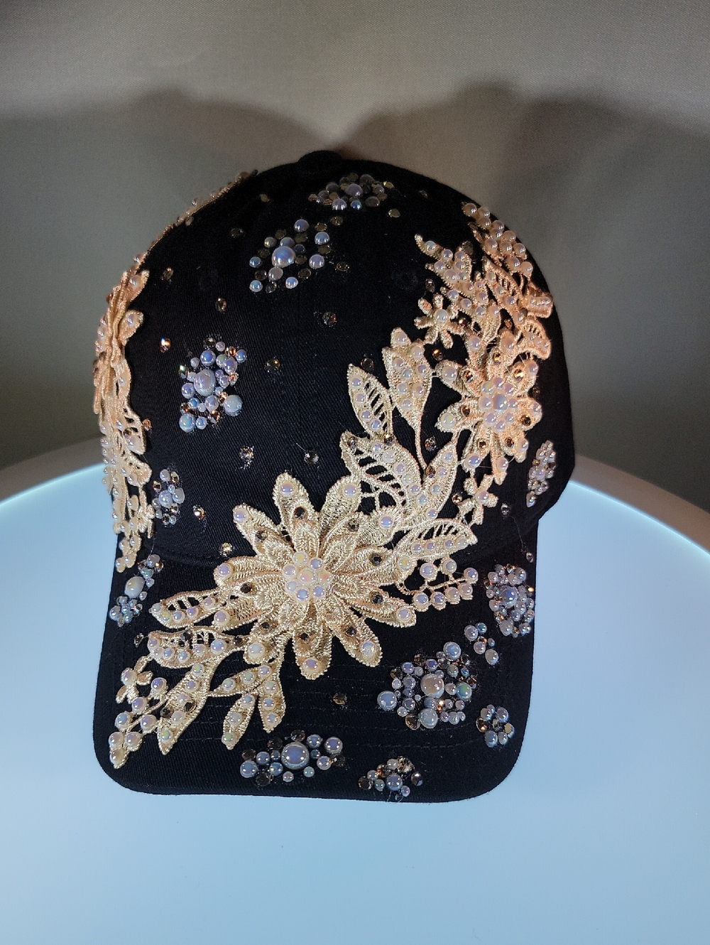 Embellished Floral Baseball Cap - Black with Gold Bedazzled Rhinestones